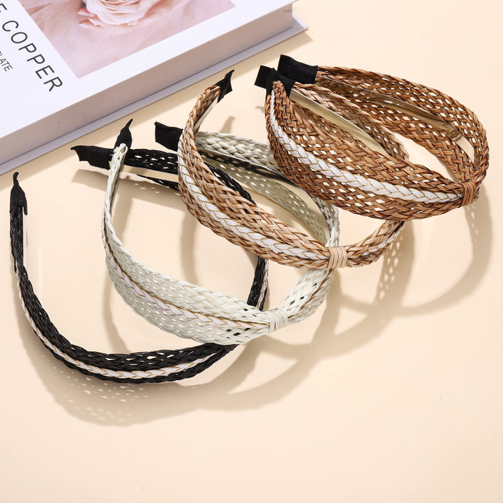 NVENF 6Pack Straw Headbands Rattan Earrings for Women Boho Raffia Straw Knotted Hairband Wide Woven Twist Hair Hoop Summ