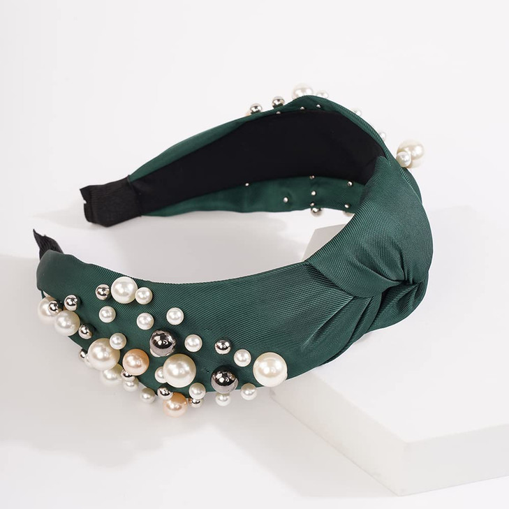 Wiwpar Pearl Knotted Headbands for Women Fashion Wide Pearl Bead Headband Head Bands Boho Hair Accessories Green