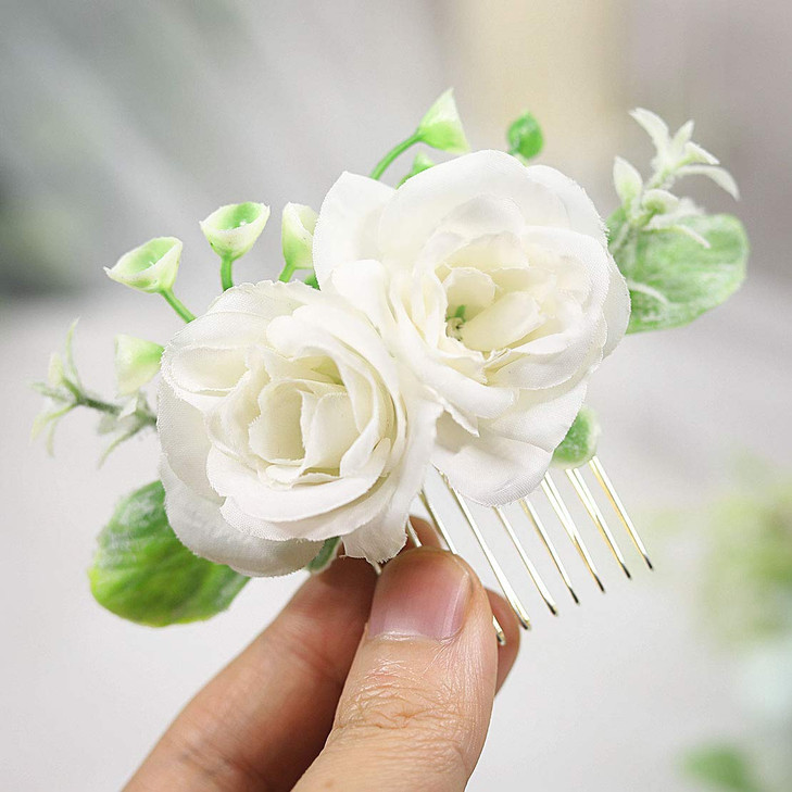 Fangsen Wedding Rose Flower Hair Comb Bridal Floral Hair Headpiece for Brides and Bridesmaids White