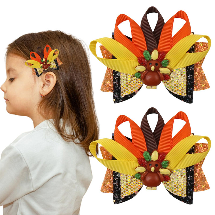 Thanksgiving Turkey Bow Clip for Girls Glitter Turkey Hair Bow Clip Thanksgiving Hair Accessories for Baby Hair Clips Al