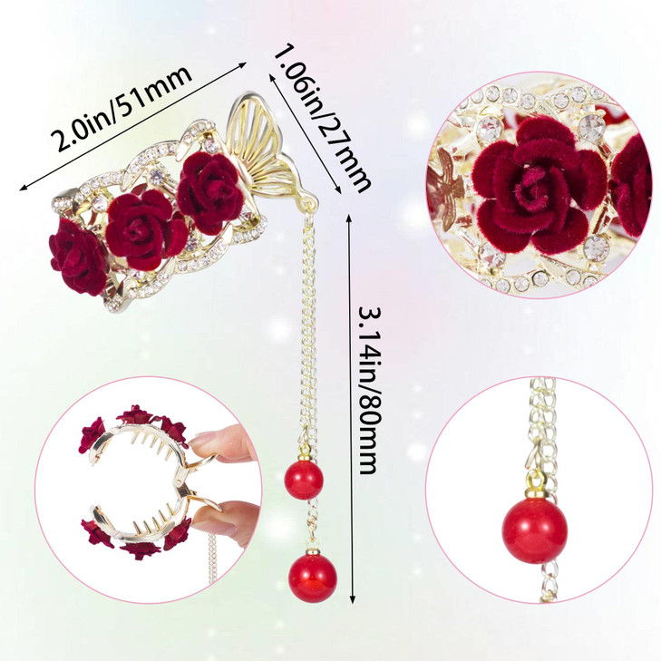 HINZIC 2pcs High Ponytail Hair Claw Clips 2inch Rose Crystal Rhinestone Hair Clips Vintage Barrettes Cuff Chinese Hair A