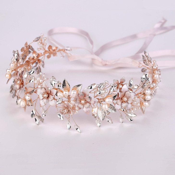 Oriamour Wedding Headband Bridal Headpiece Flower Design With Genuine Freshwater Pearls And Ribbons Hair Accessories For