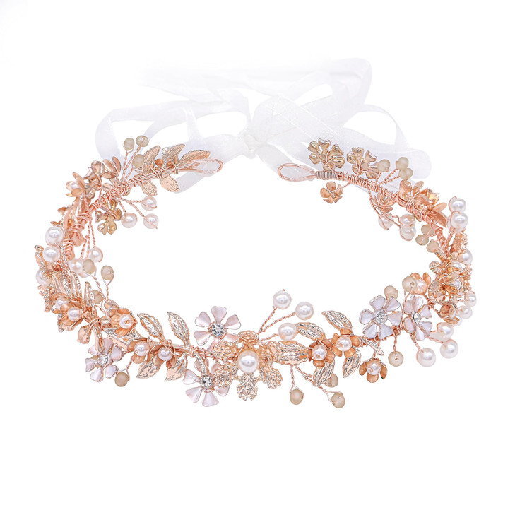 Ammei Headpiece Wedding Headband Tiara Flower Leaves Design Hair Vine With Pearls And Rhinestones Rose Gold