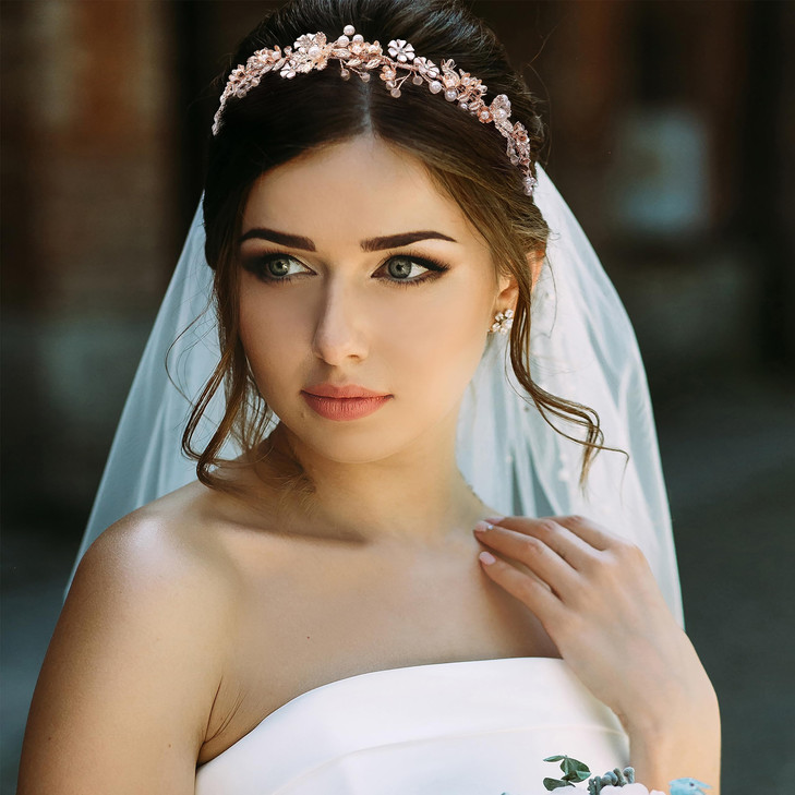Ammei Headpiece Wedding Headband Tiara Flower Leaves Design Hair Vine With Pearls And Rhinestones Rose Gold