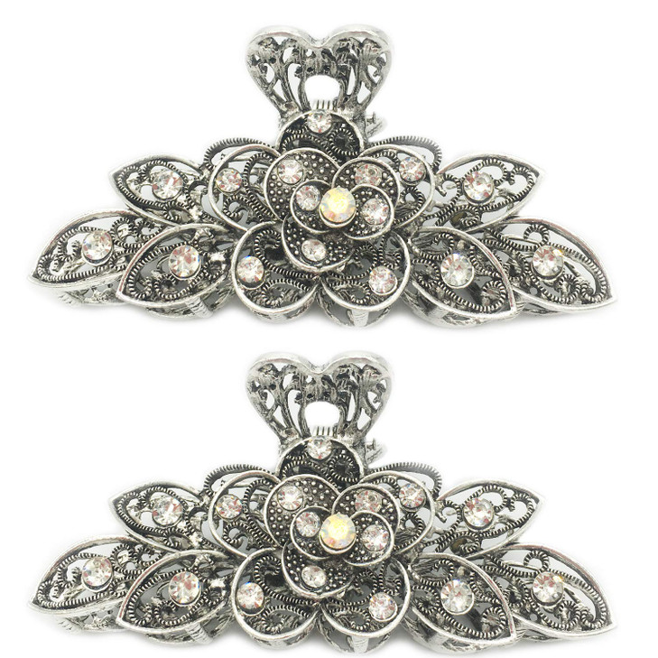 2 Pcs Women Retro Chic Rhinestone Alloy Fancy Hair Claw Jaw Clips Pins Vintage Flowers Hair Catch Updo Grip Hair Accesso