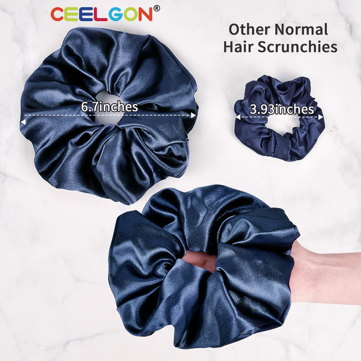 CEELGON Black Big Satin Scrunchies for Women Large Scrunchie Blue Satin Hair Ties Oversized Thick Elastic Jumbo Hair Scr
