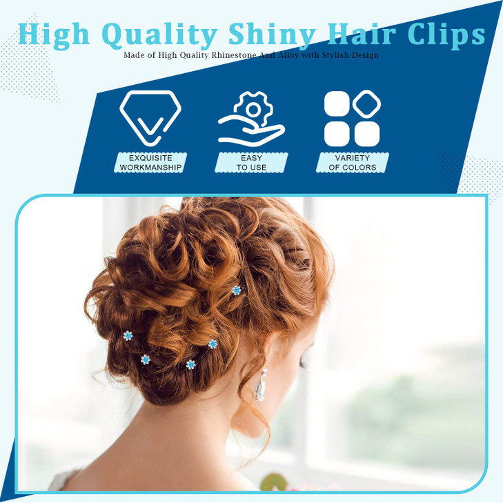 Rustark 40 Pcs Blue Crystal Hair Pins Rose Flower Rhinestone Hair Clips U Shaped Hair Pins Bobby Pins Bun Hairpins for W