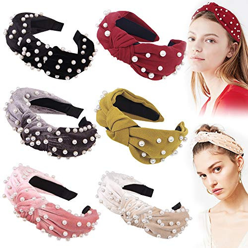 Ivyu Headbands Women Hair Head Bands 6 Pcs Pearl Knotted Head Bands Cute Velvet Top Knot Turban Hairbands Fashion Girls