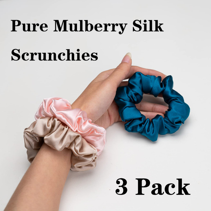 Silk Scrunchies for Hair 100 Mulberry Silk Hair Ties 3 PackPink Peacock Blue Apricot