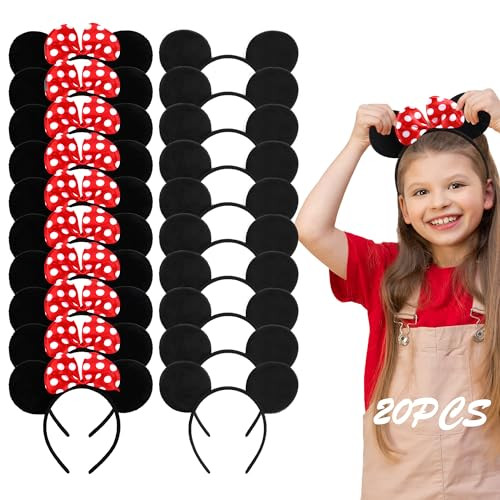 Lucky Will 20 Pack Mouse Ears Headband Classic Solid Black and Red Bow Ears Headbands Bulk for Kids and Adults Boys Girl
