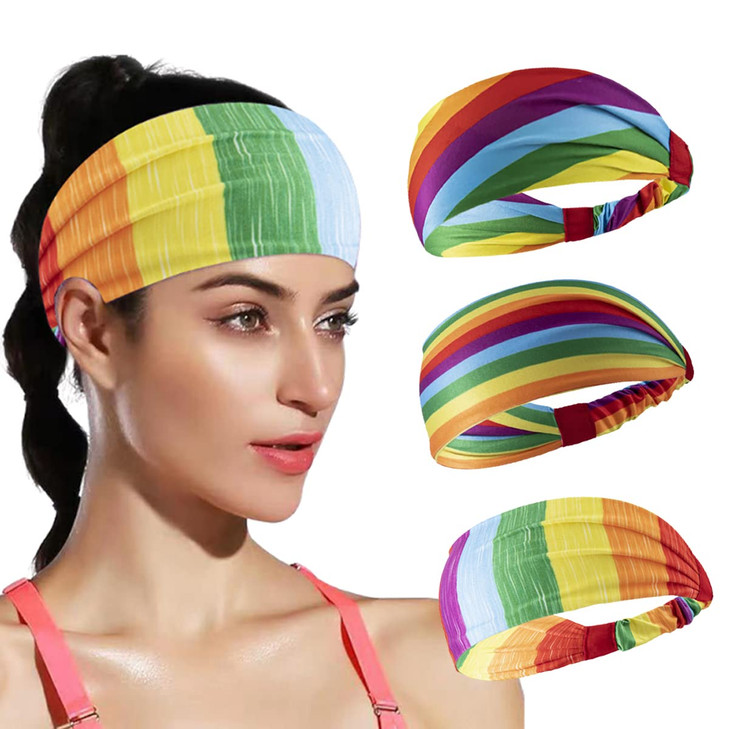 DIUEWOW Gay Pride Headbands Rainbow Women Headwraps Elastic Wide Head Band Supplies Workout for Party Pride Parade Sport