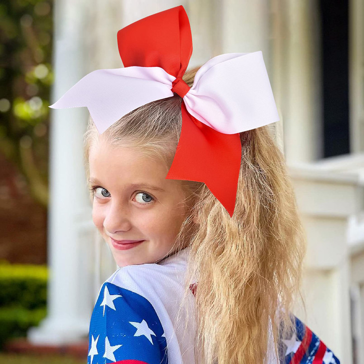 12 Pcs Large Cheer Bows 8 Bulk Hair Bow Accessories with Ponytail Holder for Girls High School College Cheerleading