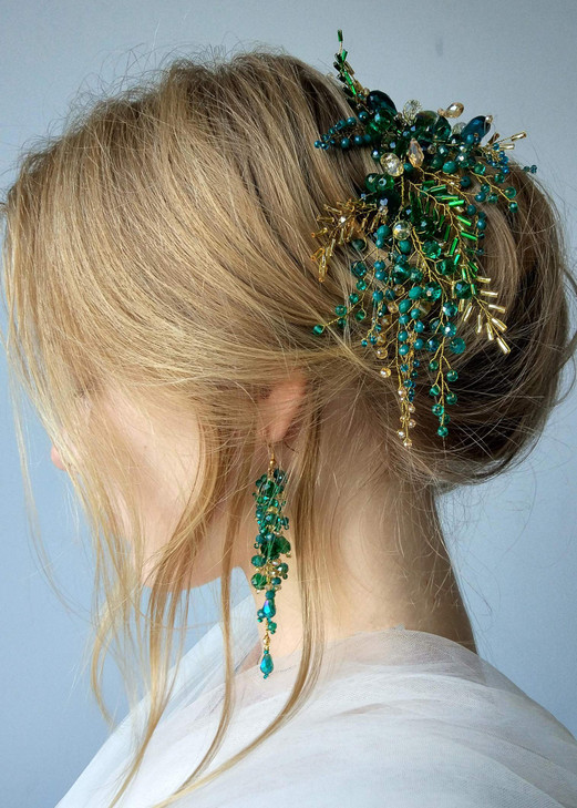Kercisbeauty Green Beads Headpiece with Earrings Gold Headband for Brides Side Headband Hair Accessories Vintage Wedding