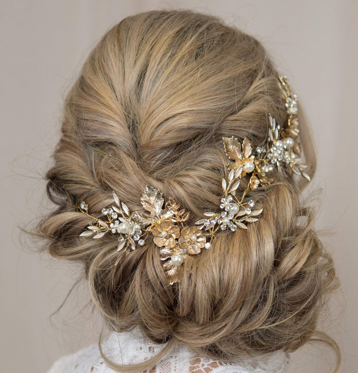 Kercisbeauty Gold Flower Leaf Vintage Headband Rhinestones Pearl Hair Vine Bridal Tiara Rustic Wedding Headpiece for Bri