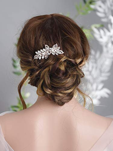 Kercisbeauty Wedding Bridal Bridesmaids Flower Girl Rhinestone Crystal Leaf Rose Gold Hair Comb Slide for PromBun Hair A