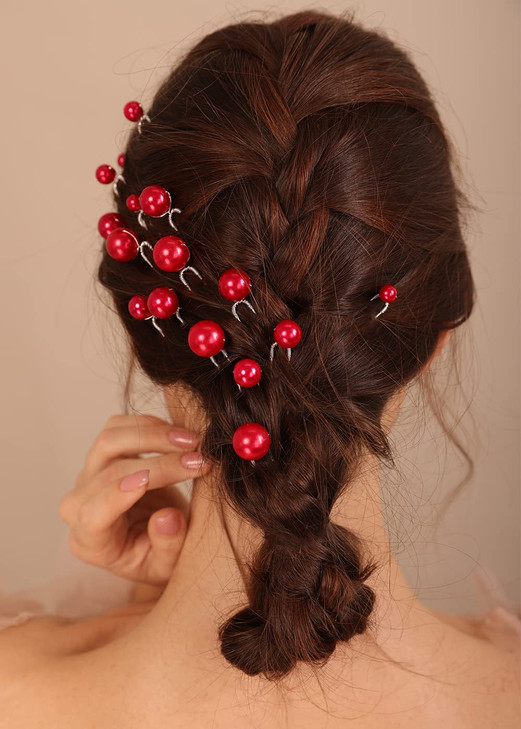 Kercisbeauty 20pcs Wedding Bridal Red Pearl Hair Piece Set Women and Girls Special Occasion Hair Styling Jewelry Red