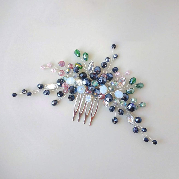 Kercisbeauty Boho Wedding Bridal Crystal Hair Comb Clips Navy Blue Green Beads Headpiece Pins Silver Headpiece Womens Da
