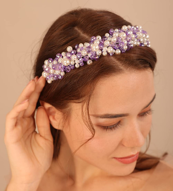 Xerling Purple Crystal Tiara and Crown for Girls Bridal Hair Accessories Silver Pearl Headband Bride Wedding Prom Prince