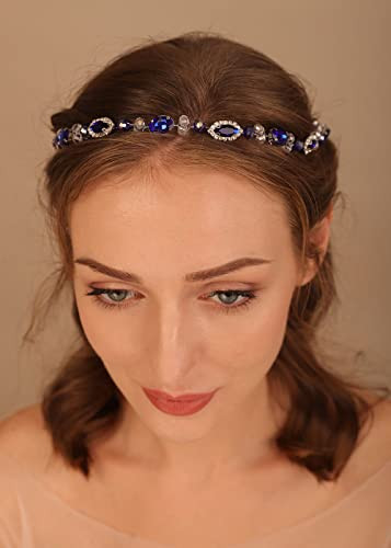 Denifery Bridal Headpiece Blue Sapphire Rhinestone Headband Blue Crystal Hair Vine Silver Bridal Headbands for Wedding P