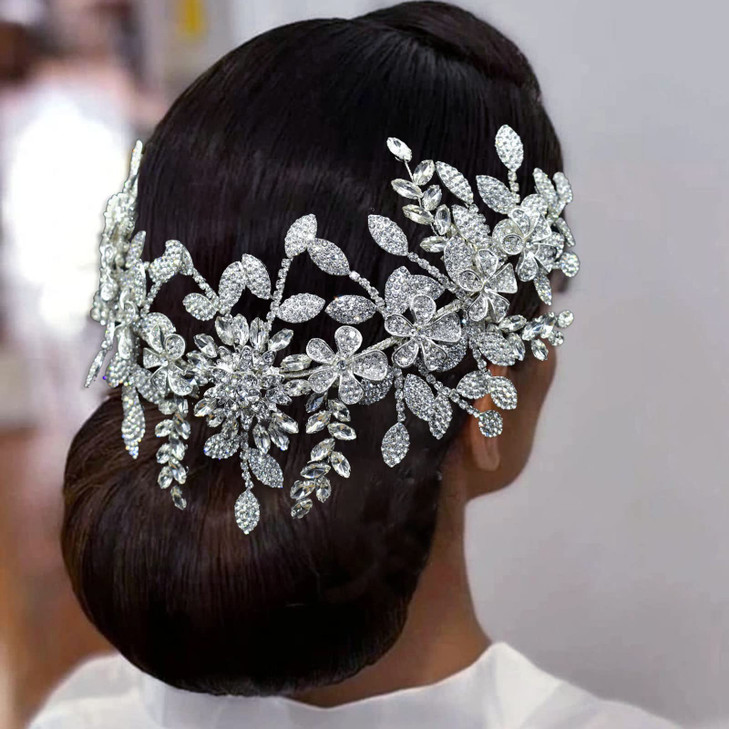 WONRLUA Wedding Headpiece for Bride Rhinestone Bridal Headband Bridal Hair Accessories with Alloy Leaf