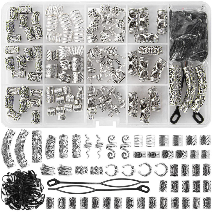 152PCS Vikings Hair Jewelry Norse Runes Tube Beads Metal Clips Cuffs Rings Accessories for Braids Dreadlocks Beads for B