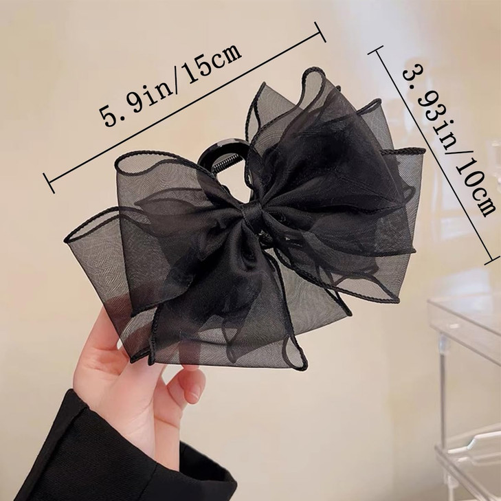 2 PCS Bow Hair Claw Clips Black Mesh Tulle Hair Clips With Diamond Large Sweet Hair Accessories Shark Clip Headwear Pony
