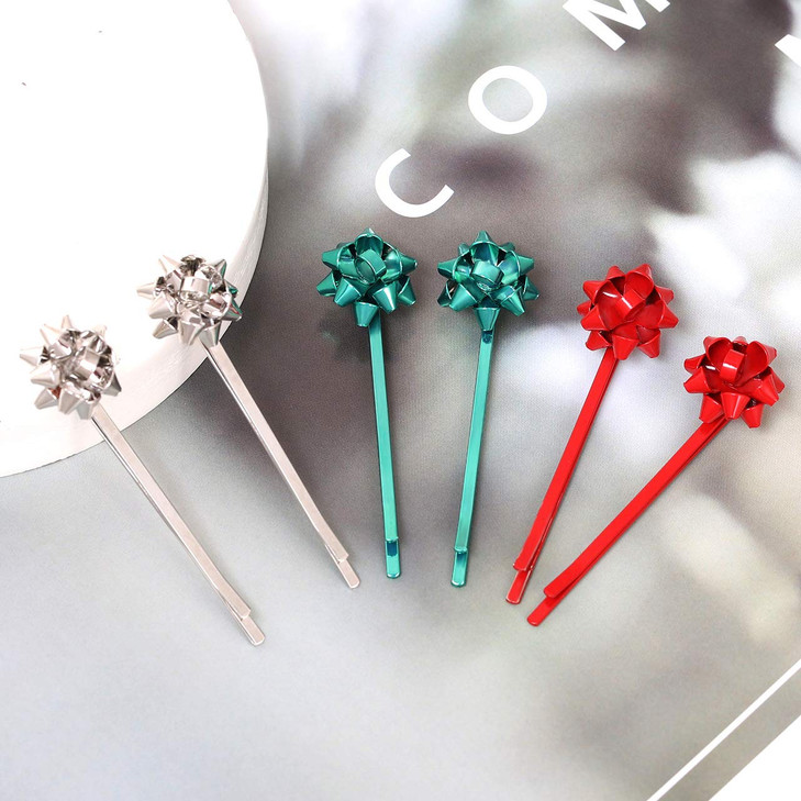 6Pack Christmas Bow Hair Clip Hairpin Headdress Hair Bows Alligator Clips For Woman red green silver