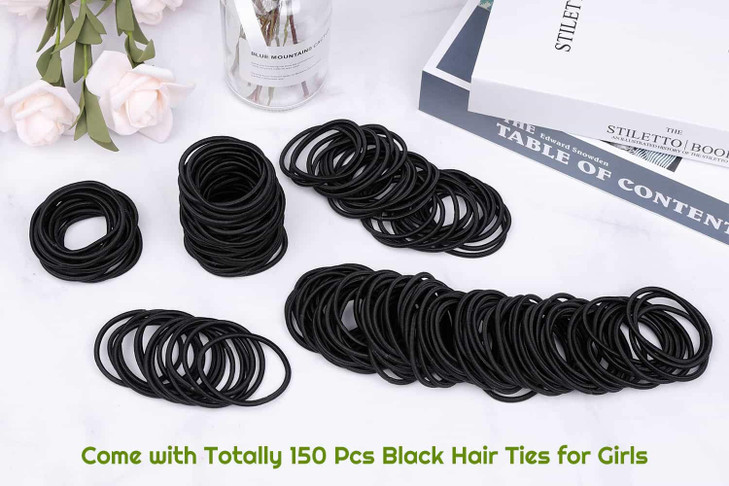 150 Pieces Black Hair Ties for Thick Curly Hair Bulk Hair Ties Ponytail Holders Hair Elastics Bands for Women or Men 4mm