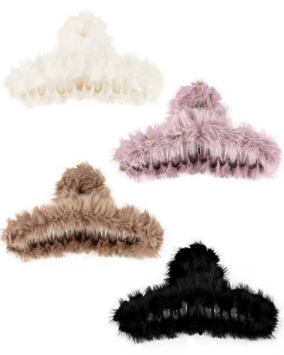 Olldag 4 PACK Large Hair Claw Clips Faux Fur Plush Hair Catch Barrette Jaw Clamp Hair Claw Combination for Women Half Bu