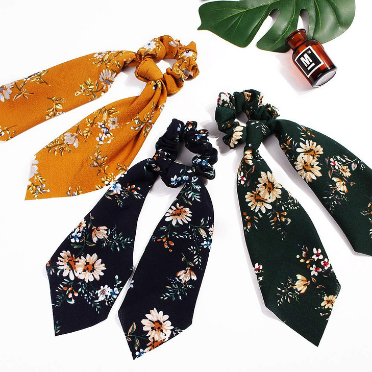 5 PCS Chiffon Hair Scrunchies Hair Scarf with Flower Pattern Floral Hair Bobbles Vintage Accessories for Women Girls Flo
