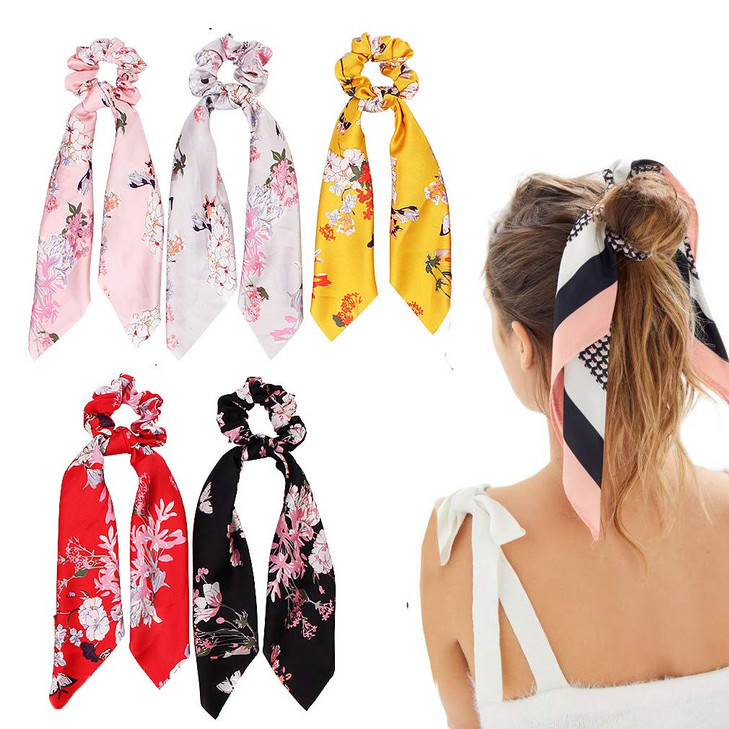 Silk Hair Scrunchies Hair Scarf with Flower Pattern Stripe Printed Hair Bobbles for Ponytail Holder 5 Pcs Flower Pattern