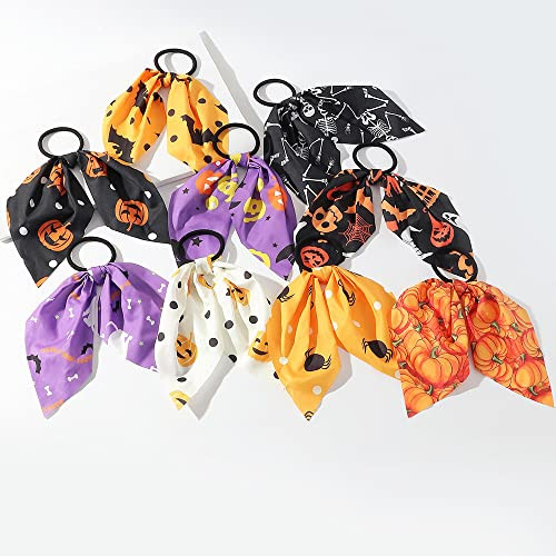 9 Pcs Short Halloween Hair Scarf Scrunchies for girls Halloween Bow Hair Ties with Ribbon Pumpkin Bats Spider Skeleton G