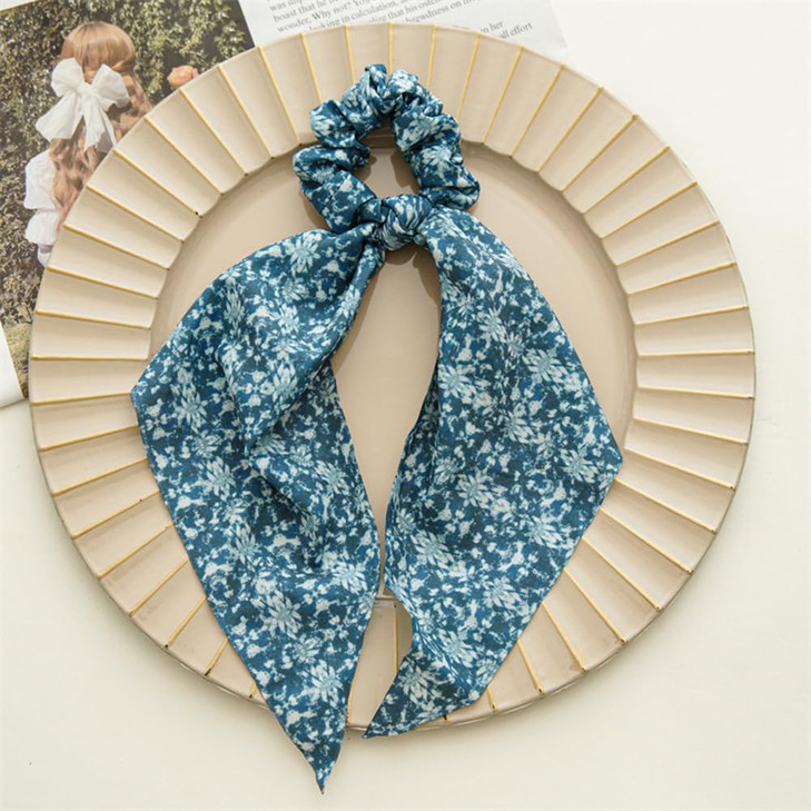 Blue Hair Scarf Scruncheis for Women Girls Bowknot Scrunchies for Hair Chiffon Floral Scrunchie Long Hair Bands Ties Pon