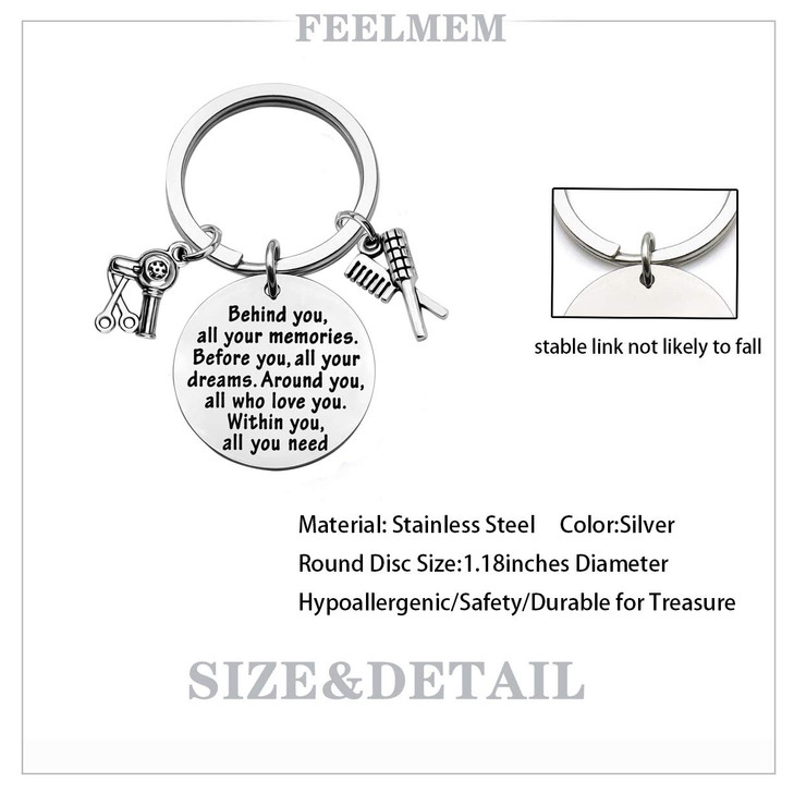 FEELMEM Hair Stylist Gift Cosmetology Graduation Gift Behind You All Memories Before You All Your Dream Keychain Inspira