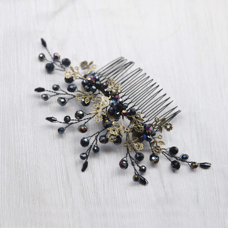 Kercisbeauty Women Black Crystal Hair Comb Slides Gothic Styles Bronze Headpiece for Evening Party Wedding Headband for