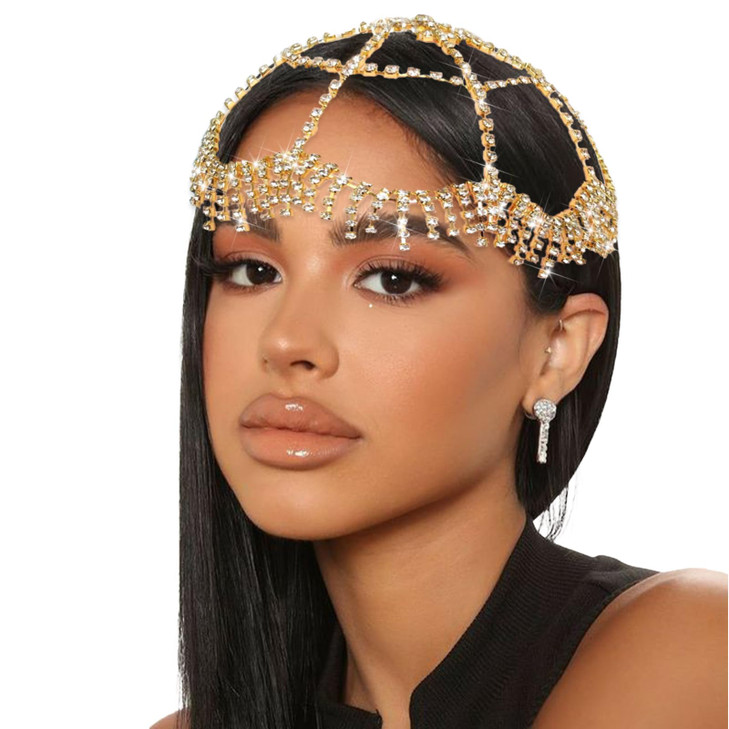 NAISKA 1920s Headpieces Rhinestone Mesh Cap Gold Headchain Wedding Head Accessories Crystal Headband Brides Prom Costume