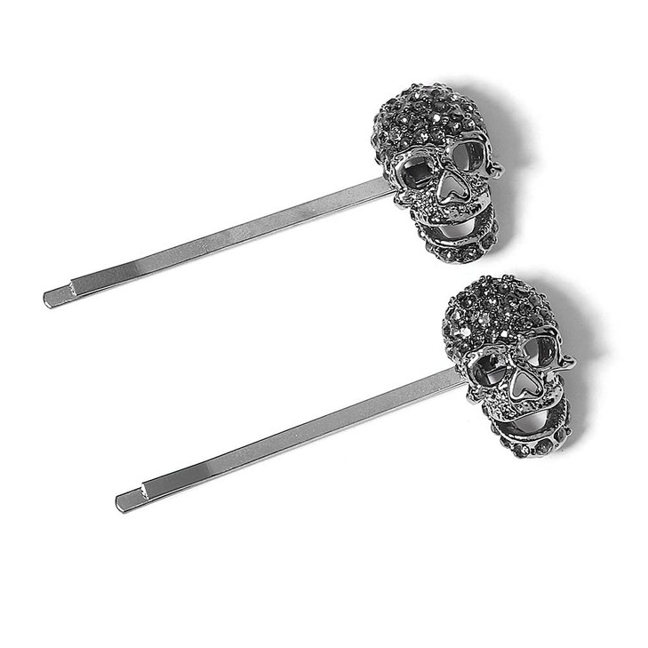 Xerling 2 Pcs Halloween Black Skull Bobby Pins Retro Rhinestone Hair Clips Hairpins Barrettes for Girls Vintage Hair Acc