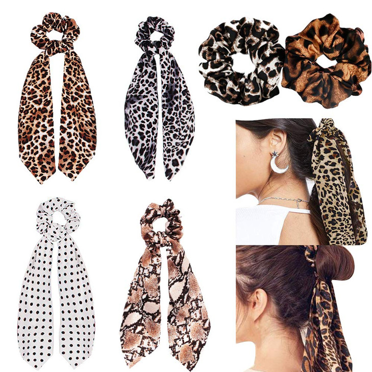 Chiffon Ponytail Hair Scarf Scrunchies 6 Packs Leopard Print Big Long Scrunchie Hair Scarf Leopard Ripple Bun Hair Ties