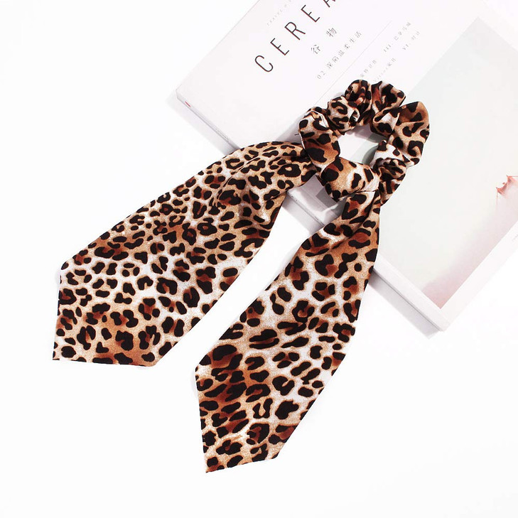 Chiffon Ponytail Hair Scarf Scrunchies 6 Packs Leopard Print Big Long Scrunchie Hair Scarf Leopard Ripple Bun Hair Ties