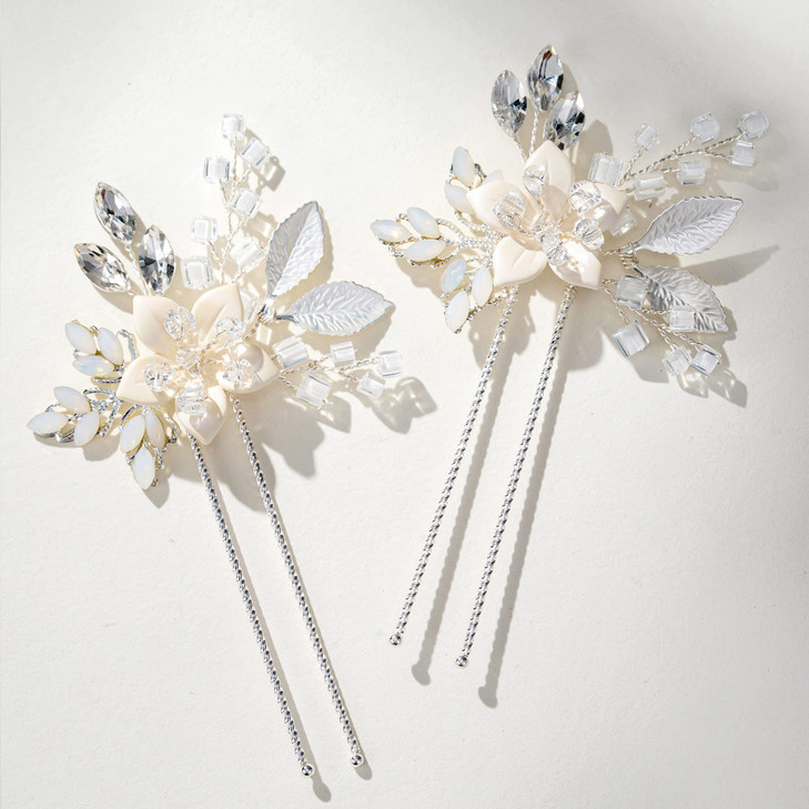 SWEETV 2Pcs Handmade Wedding Hair PinsFlower Bridal Hair PinBeaded Wedding Hair Accessories for Brides Silver
