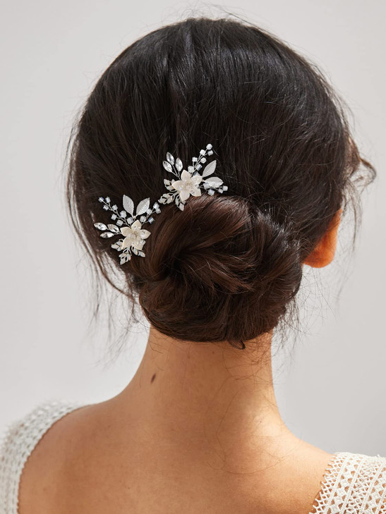 SWEETV 2Pcs Handmade Wedding Hair PinsFlower Bridal Hair PinBeaded Wedding Hair Accessories for Brides Silver