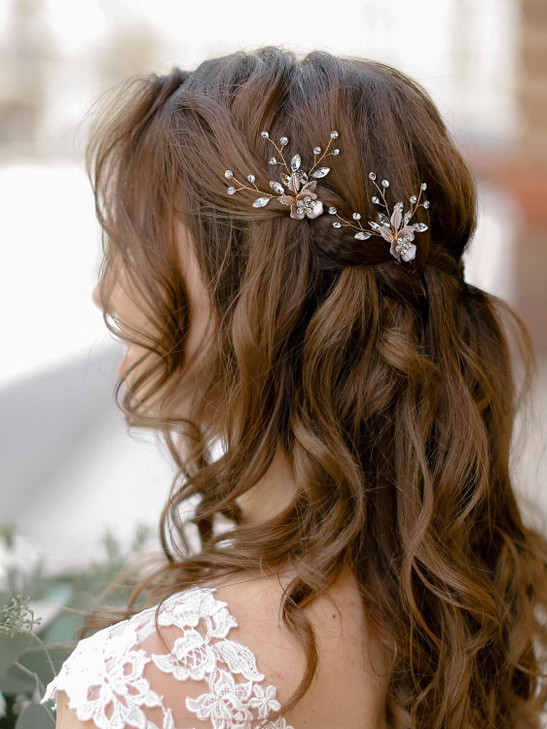 SWEETV 2Pcs Wedding Hair Pins Bridal Rhinestone Wedding Hair Accessories Hair Pieces for Brides BridesmaidRose Gold