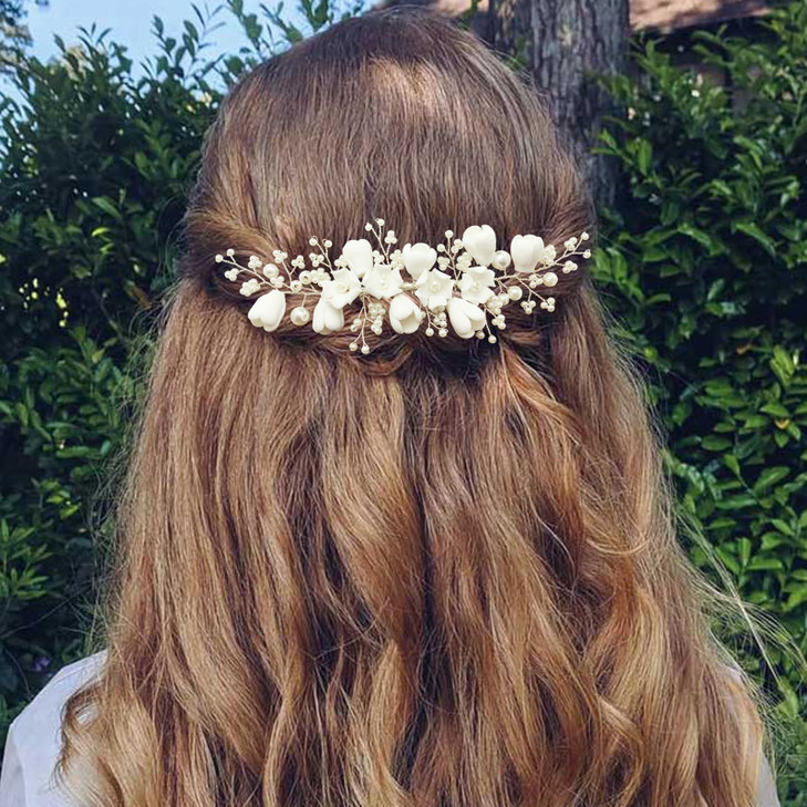 PRETTYLIFE Bridal White Hair Accessories Elegant Ceramic Flower Pearl Hair Piece with Comb for Wedding Party