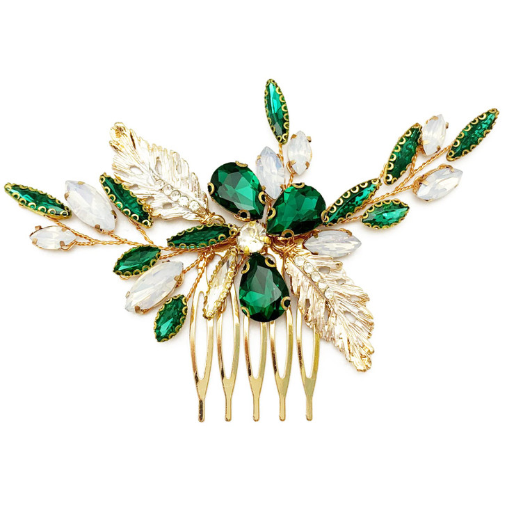 BETITETO Green Bridal Side Comb Crystal Leaf Wedding Small Hair Piece Accessories for Women Girls Party Emerald Green