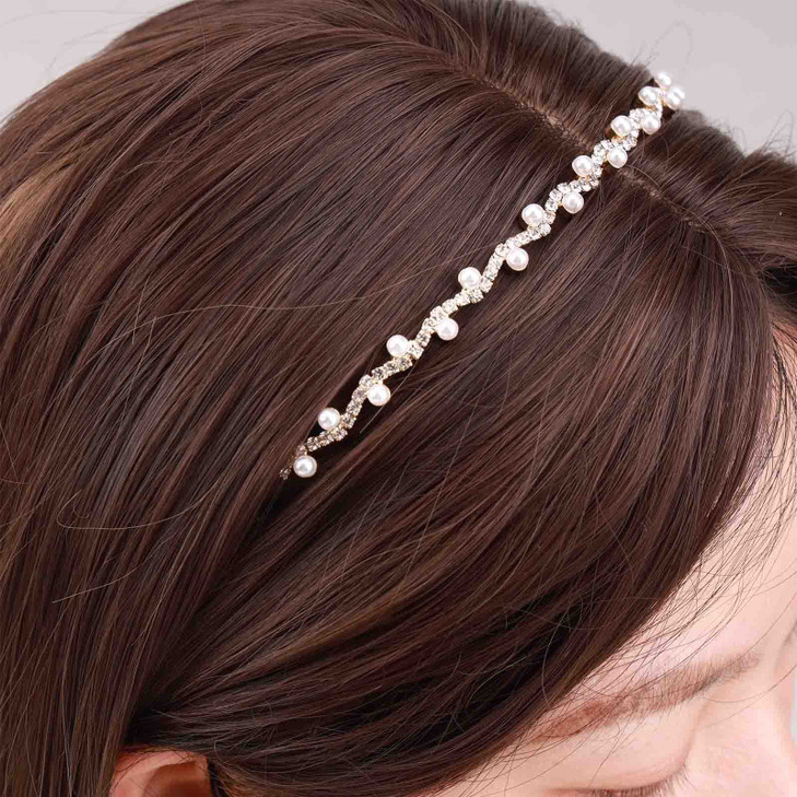 YienDoo CZ Rhinestones Wedding Headbands Sparkling Gold Crystal Crown Hairbands Tiara Faux Pearl Rhinestones Headdress B