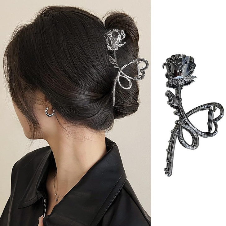 Flower Hair Claw Clips Metal Gunmetal Black Rose Hair Clips Large Heart NonSlip Hair Jaw Clips for Women and Girls Trend