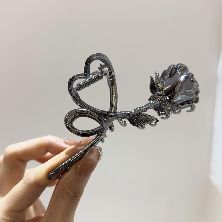 Flower Hair Claw Clips Metal Gunmetal Black Rose Hair Clips Large Heart NonSlip Hair Jaw Clips for Women and Girls Trend