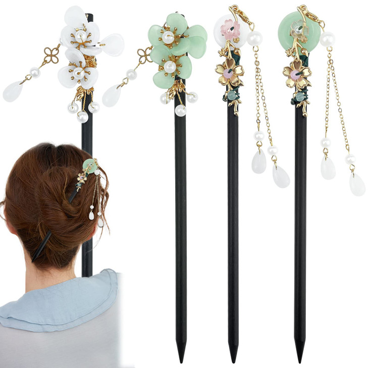 4 Pcs Japanese Chinese Hair Stick Retro Wooden Hairpin Flower Hair Chopsticks Vintage Hanfu Pins Headdress Classic Hair