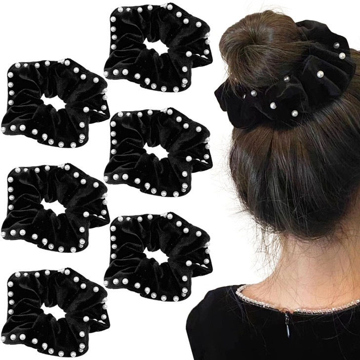 6 Pcs Pearl Velvet Elastic Hair Ties Black Ponytail Holders Pearl Rubber Band Hair Ropes Headbands Hair Accessories Scru