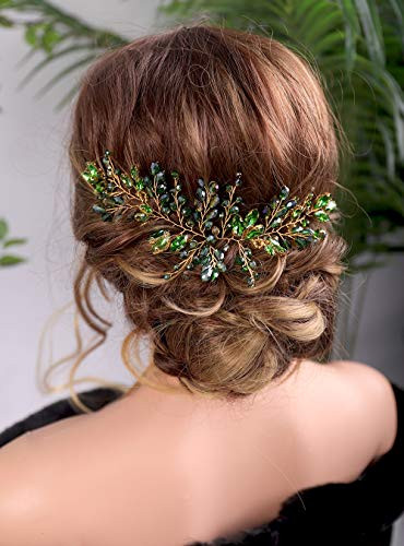 Kercisbeauty Bride Hair Accessories Green Crystal Hair Vine Gold Headband Evening Party Prom Women Hair Piece Vintage We